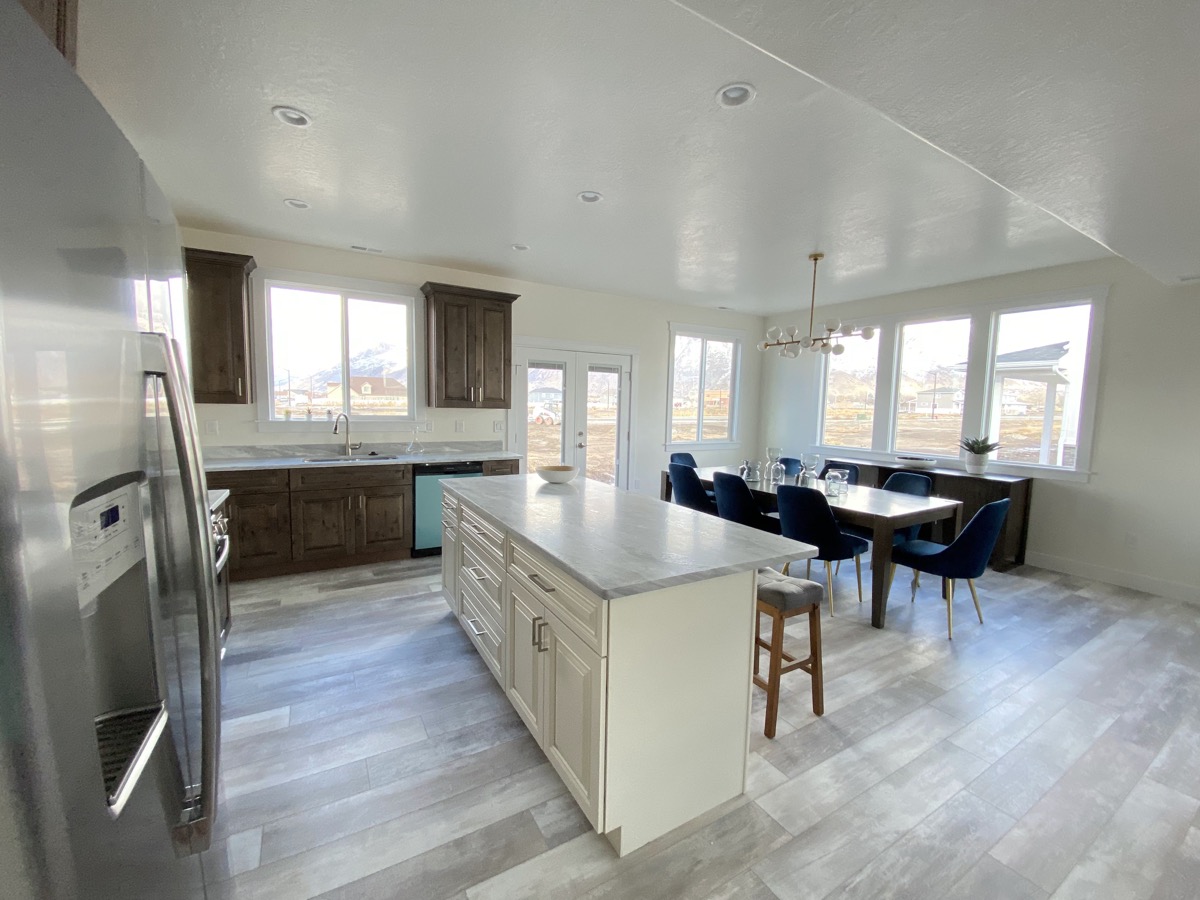 Open kitchen and dining area with an island